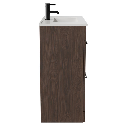 Napoli Brown Oak 800mm Floor Standing Vanity Unit with 1 Tap Hole Minimalist Basin and 2 Drawers with Matt Black Handles Side View