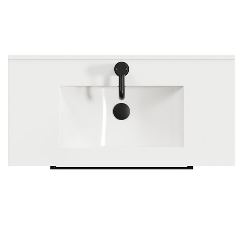 Napoli Brown Oak 800mm Floor Standing Vanity Unit with 1 Tap Hole Minimalist Basin and 2 Drawers with Matt Black Handles Top View