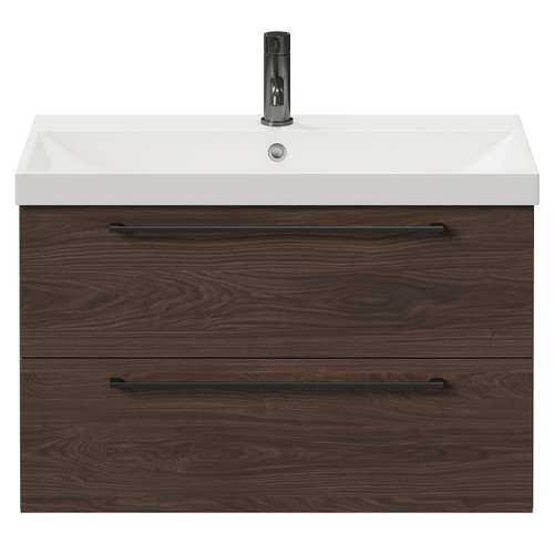 Napoli Brown Oak 800mm Wall Mounted Vanity Unit with 1 Tap Hole Slim Edge Basin and 2 Drawers with Gunmetal Grey Handles Front View