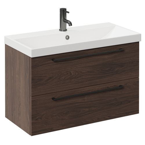 Napoli Brown Oak 800mm Wall Mounted Vanity Unit with 1 Tap Hole Slim Edge Basin and 2 Drawers with Gunmetal Grey Handles Left Hand View