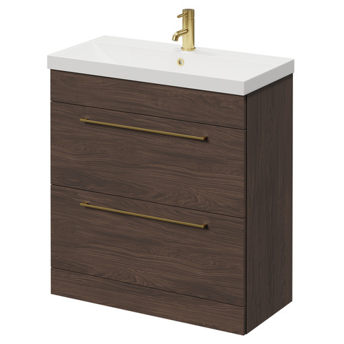 Napoli Brown Oak 800mm Floor Standing Vanity Unit with 1 Tap Hole Slim Edge Basin and 2 Drawers with Brushed Brass Handles Right Hand View