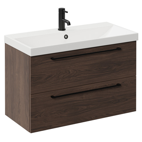Napoli Brown Oak 800mm Wall Mounted Vanity Unit with 1 Tap Hole Slim Edge Basin and 2 Drawers with Matt Black Handles Left Hand View