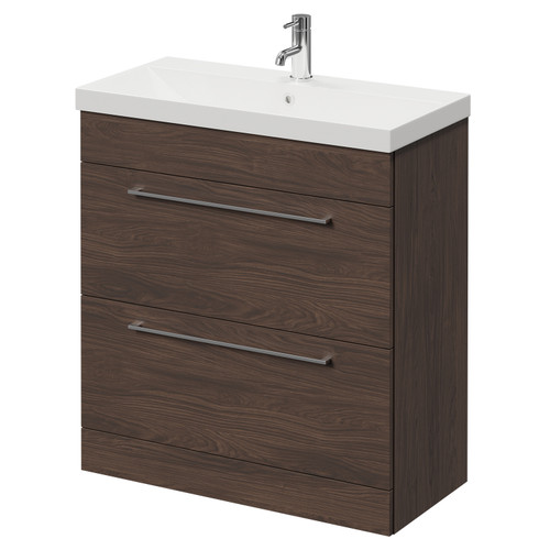 Napoli Brown Oak 800mm Floor Standing Vanity Unit with 1 Tap Hole Slim Edge Basin and 2 Drawers with Chrome Handles Right Hand View