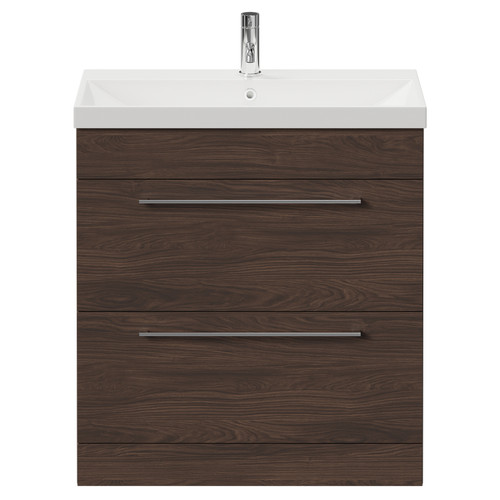 Napoli Brown Oak 800mm Floor Standing Vanity Unit with 1 Tap Hole Slim Edge Basin and 2 Drawers with Chrome Handles Front View