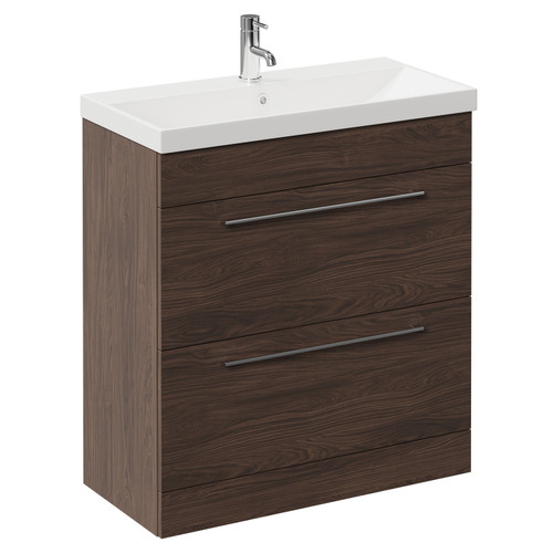 Napoli Brown Oak 800mm Floor Standing Vanity Unit with 1 Tap Hole Slim Edge Basin and 2 Drawers with Chrome Handles Left Hand View