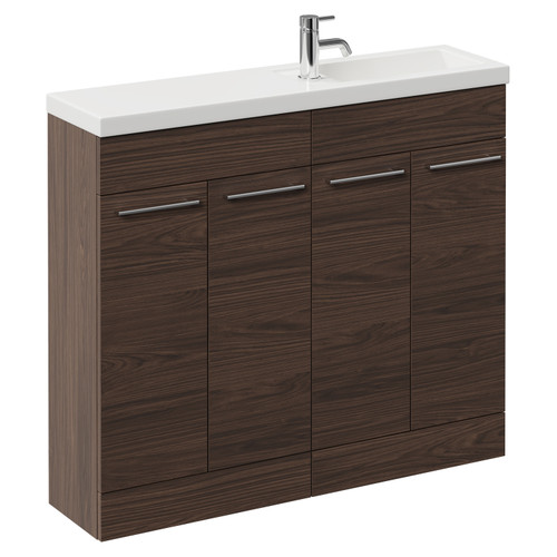 Napoli Combination Brown Oak 1000mm Floor Standing Vanity Unit with Slimline 1 Tap Hole Basin and 4 Doors with Chrome Handles Left Hand View