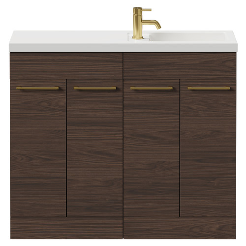 Napoli Combination Brown Oak 1000mm Floor Standing Vanity Unit with Slimline 1 Tap Hole Basin and 4 Doors with Brushed Brass Handles Front View
