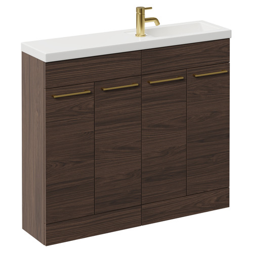 Napoli Combination Brown Oak 1000mm Floor Standing Vanity Unit with Slimline 1 Tap Hole Basin and 4 Doors with Brushed Brass Handles Left Hand View