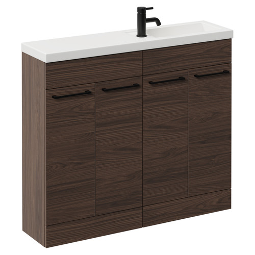 Napoli Combination Brown Oak 1000mm Floor Standing Vanity Unit with Slimline 1 Tap Hole Basin and 4 Doors with Matt Black Handles Left Hand View