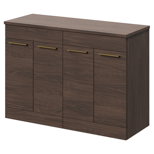 Napoli Brown Oak 1200mm Floor Standing Vanity Unit for Countertop Basins with 4 Doors and Brushed Brass Handles Right Hand View