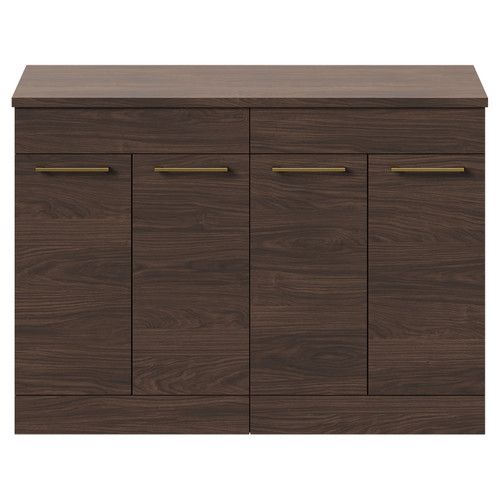 Napoli Brown Oak 1200mm Floor Standing Vanity Unit for Countertop Basins with 4 Doors and Brushed Brass Handles Front View