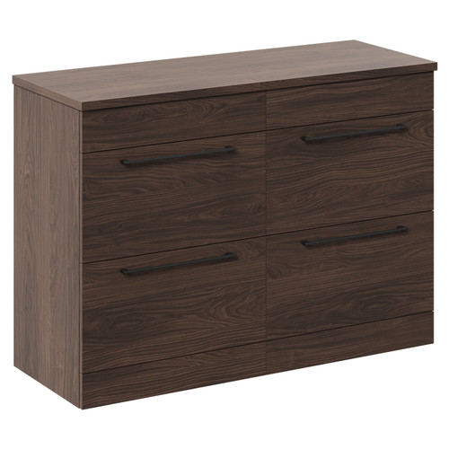 Napoli Brown Oak 1200mm Floor Standing Vanity Unit for Countertop Basins with 4 Drawers and Gunmetal Grey Handles Left Hand View