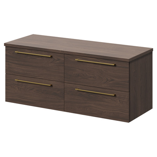Napoli Brown Oak 1200mm Wall Mounted Vanity Unit for Countertop Basins with 4 Drawers and Brushed Brass Handles Right Hand View