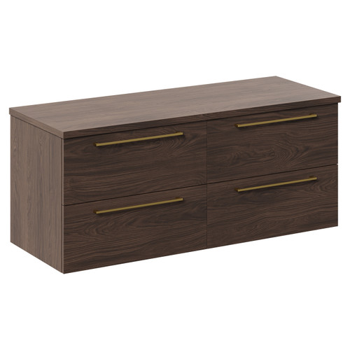 Napoli Brown Oak 1200mm Wall Mounted Vanity Unit for Countertop Basins with 4 Drawers and Brushed Brass Handles Left Hand View