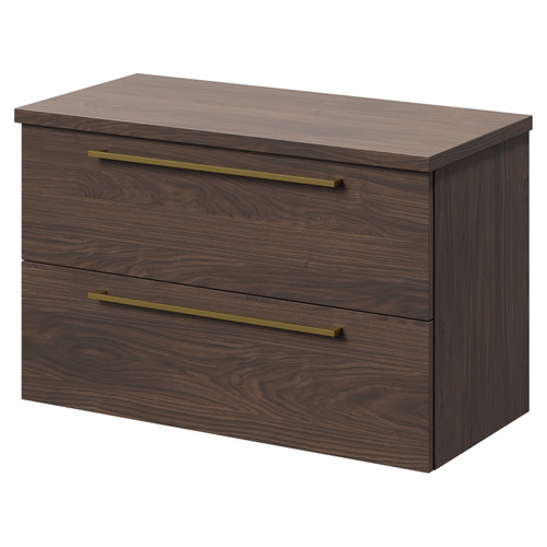 Napoli 390 Brown Oak 800mm Wall Mounted Vanity Unit for Countertop Basins with 2 Drawers and Brushed Brass Handles Right Hand View