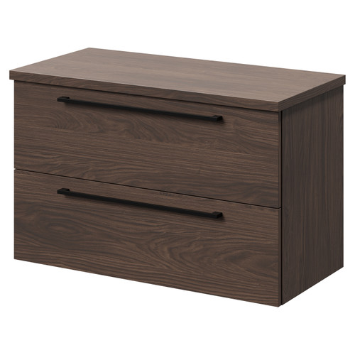 Napoli 390 Brown Oak 800mm Wall Mounted Vanity Unit for Countertop Basins with 2 Drawers and Matt Black Handles Right Hand View