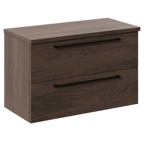 Napoli 390 Brown Oak 800mm Wall Mounted Vanity Unit for Countertop Basins with 2 Drawers and Matt Black Handles Left Hand View