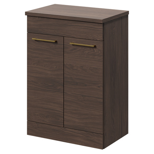 Napoli 390 Brown Oak 600mm Floor Standing Vanity Unit for Countertop Basins with 2 Doors and Brushed Brass Handles Right Hand View