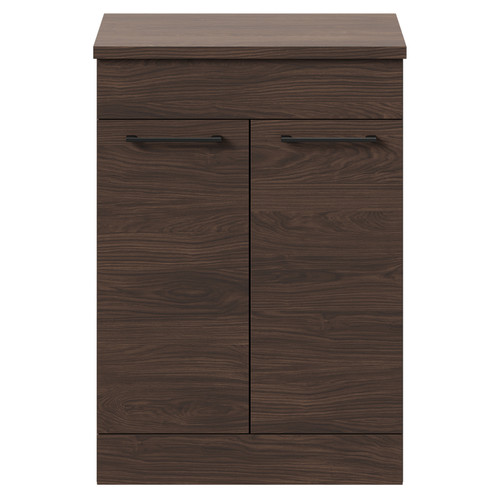 Napoli 390 Brown Oak 600mm Floor Standing Vanity Unit for Countertop Basins with 2 Doors and Gunmetal Grey Handles Front View