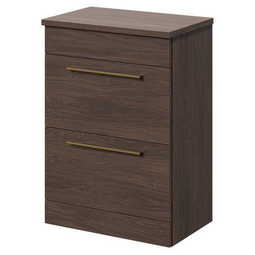 Napoli 390 Brown Oak 600mm Floor Standing Vanity Unit for Countertop Basins with 2 Drawers and Brushed Brass Handles Right Hand View