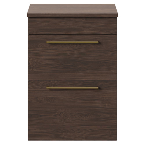 Napoli 390 Brown Oak 600mm Floor Standing Vanity Unit for Countertop Basins with 2 Drawers and Brushed Brass Handles Front View