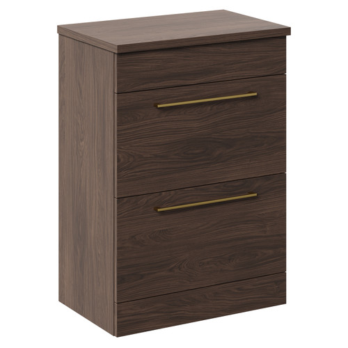 Napoli 390 Brown Oak 600mm Floor Standing Vanity Unit for Countertop Basins with 2 Drawers and Brushed Brass Handles Left Hand View