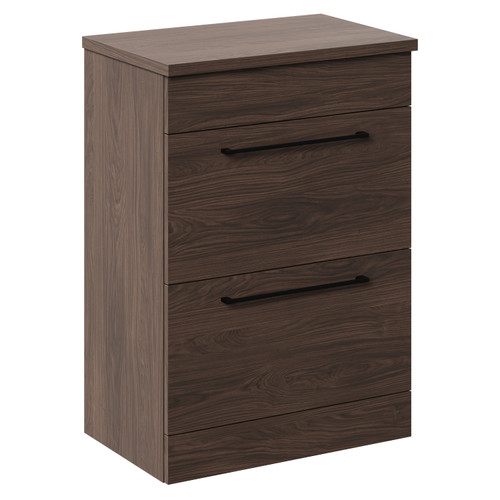 Napoli 390 Brown Oak 600mm Floor Standing Vanity Unit for Countertop Basins with 2 Drawers and Matt Black Handles Left Hand View