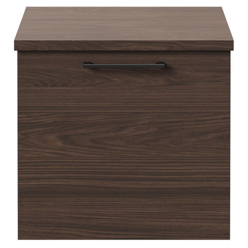 Napoli Brown Oak 500mm Wall Mounted Vanity Unit for Countertop Basins with Single Drawer and Gunmetal Grey Handle Front View
