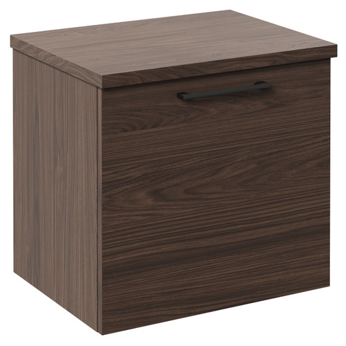 Napoli Brown Oak 500mm Wall Mounted Vanity Unit for Countertop Basins with Single Drawer and Gunmetal Grey Handle Left Hand View