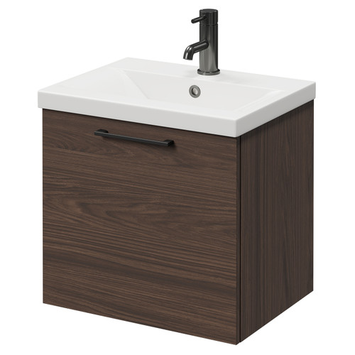Napoli Brown Oak 500mm Wall Mounted Vanity Unit with 1 Tap Hole Basin and Single Drawer with Gunmetal Grey Handle Right Hand View
