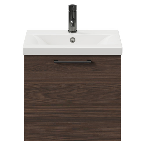 Napoli Brown Oak 500mm Wall Mounted Vanity Unit with 1 Tap Hole Basin and Single Drawer with Gunmetal Grey Handle Front View