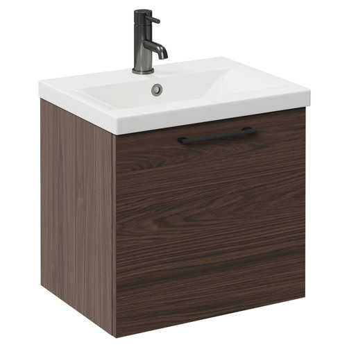 Napoli Brown Oak 500mm Wall Mounted Vanity Unit with 1 Tap Hole Basin and Single Drawer with Gunmetal Grey Handle Left Hand View