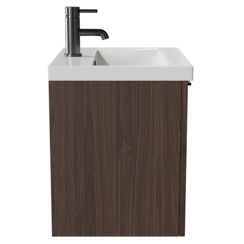 Napoli Brown Oak 500mm Wall Mounted Vanity Unit with 1 Tap Hole Basin and Single Drawer with Gunmetal Grey Handle Side View