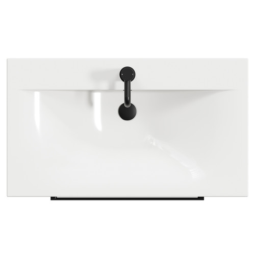 Napoli Brown Oak 800mm Wall Mounted Vanity Unit with 1 Tap Hole Basin and 2 Drawers with Matt Black Handles Top View