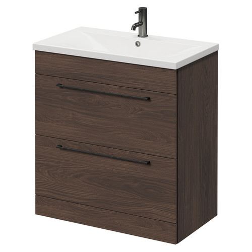 Napoli Brown Oak 800mm Floor Standing Vanity Unit with 1 Tap Hole Basin and 2 Drawers with Gunmetal Grey Handles Right Hand View