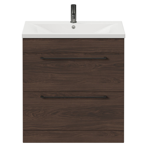 Napoli Brown Oak 800mm Floor Standing Vanity Unit with 1 Tap Hole Basin and 2 Drawers with Gunmetal Grey Handles Front View