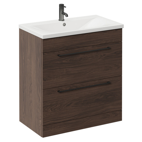 Napoli Brown Oak 800mm Floor Standing Vanity Unit with 1 Tap Hole Basin and 2 Drawers with Gunmetal Grey Handles Left Hand View