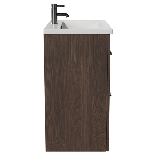 Napoli Brown Oak 800mm Floor Standing Vanity Unit with 1 Tap Hole Basin and 2 Drawers with Gunmetal Grey Handles Side View