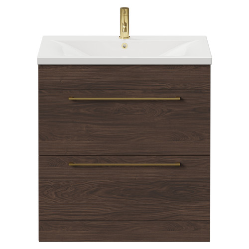 Napoli Brown Oak 800mm Floor Standing Vanity Unit with 1 Tap Hole Basin and 2 Drawers with Brushed Brass Handles Front View