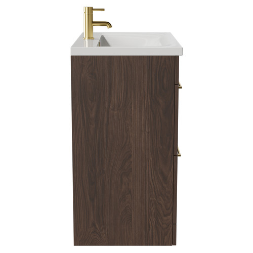 Napoli Brown Oak 800mm Floor Standing Vanity Unit with 1 Tap Hole Basin and 2 Drawers with Brushed Brass Handles Side View