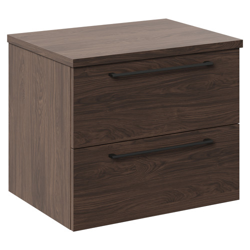 Napoli Brown Oak 600mm Wall Mounted Vanity Unit for Countertop Basins with 2 Drawers and Gunmetal Grey Handles Left Hand View