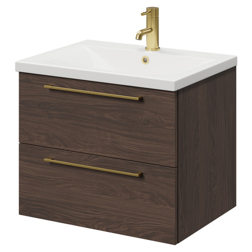 Napoli Brown Oak 600mm Wall Mounted Vanity Unit with 1 Tap Hole Basin and 2 Drawers with Brushed Brass Handles Right Hand View