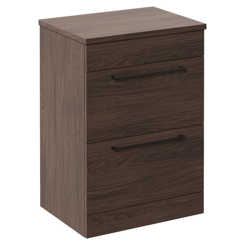 Napoli Brown Oak 600mm Floor Standing Vanity Unit for Countertop Basins with 2 Drawers and Gunmetal Grey Handles Left Hand View