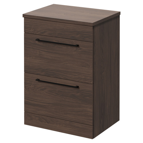 Napoli Brown Oak 600mm Floor Standing Vanity Unit for Countertop Basins with 2 Drawers and Matt Black Handles Right Hand View