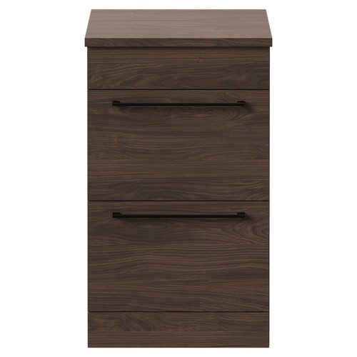 Napoli Brown Oak 500mm Floor Standing Vanity Unit for Countertop Basins with 2 Drawers and Matt Black Handles Front View