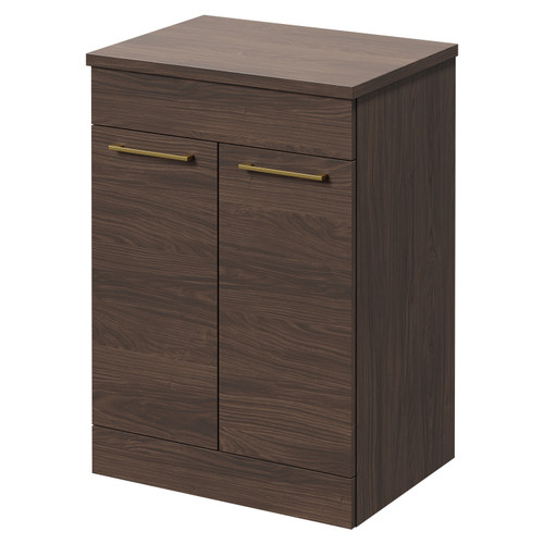 Napoli Brown Oak 600mm Floor Standing Vanity Unit for Countertop Basins with 2 Doors and Brushed Brass Handles Right Hand View