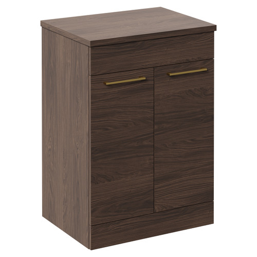 Napoli Brown Oak 600mm Floor Standing Vanity Unit for Countertop Basins with 2 Doors and Brushed Brass Handles Left Hand View
