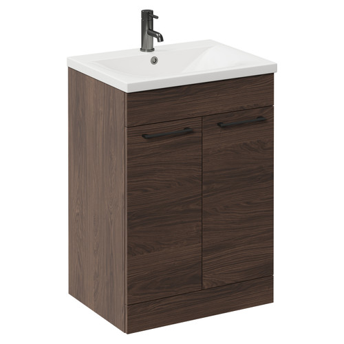 Napoli Brown Oak 600mm Floor Standing Vanity Unit with 1 Tap Hole Basin and 2 Doors with Gunmetal Grey Handles Left Hand View