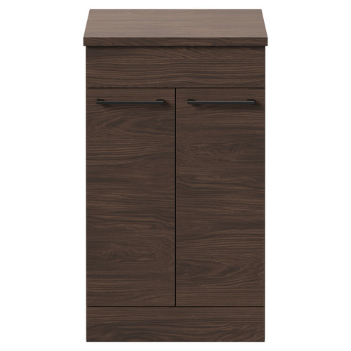 Napoli Brown Oak 500mm Floor Standing Vanity Unit for Countertop Basins with 2 Doors and Gunmetal Grey Handles Front View