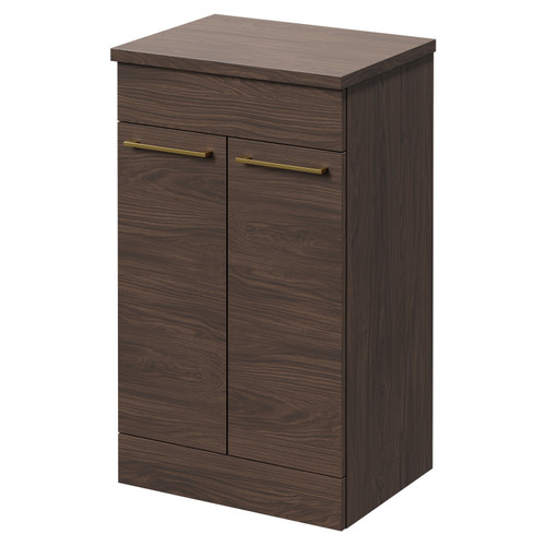 Napoli Brown Oak 500mm Floor Standing Vanity Unit for Countertop Basins with 2 Doors and Brushed Brass Handles Right Hand View